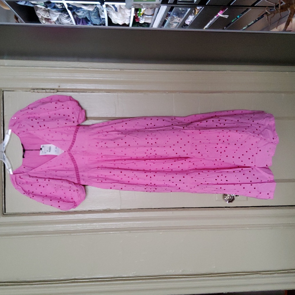 A pink, maxi, eyelet dress